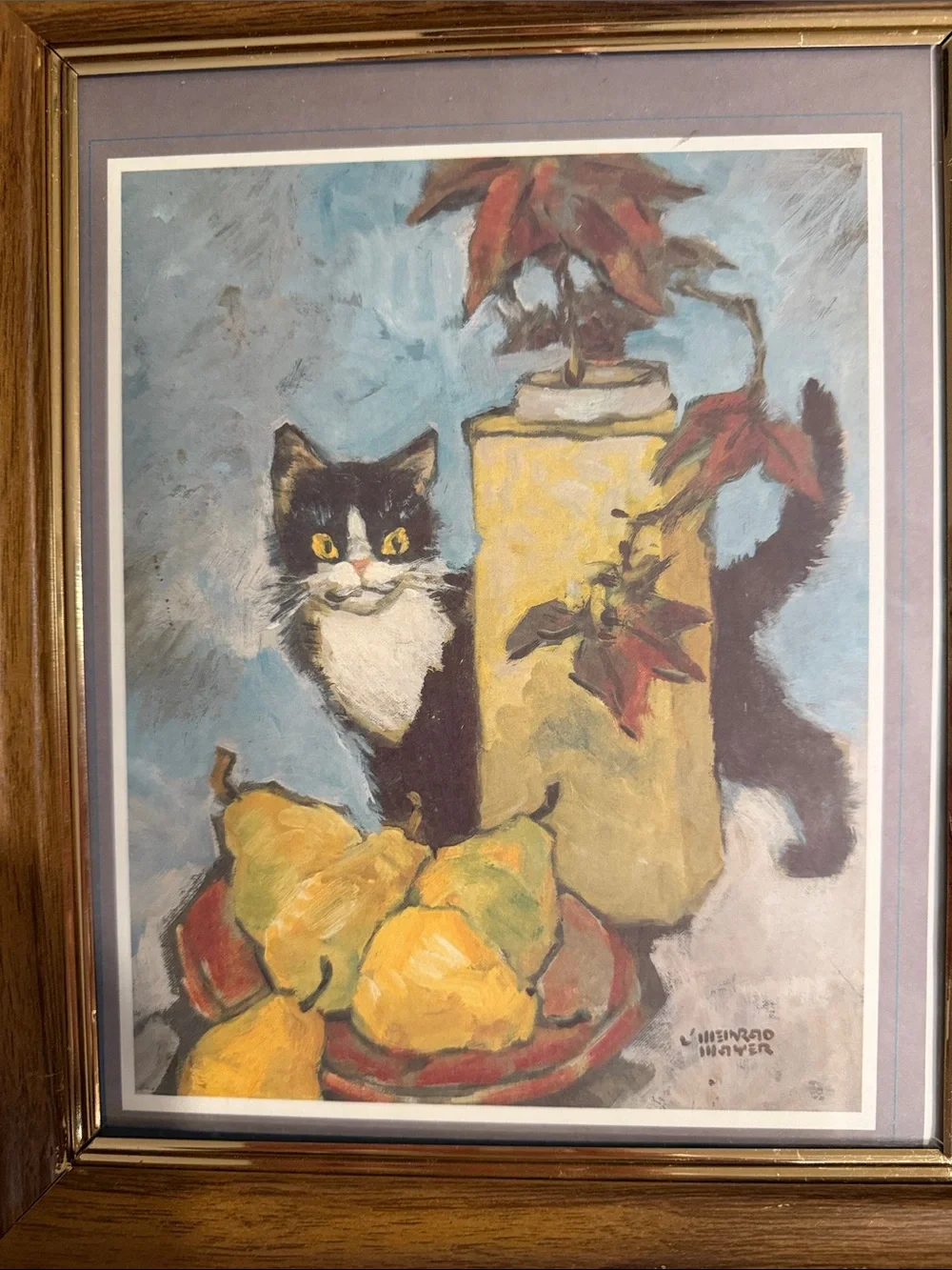 Pair of Framed Cat Art Prints in Brown Wood Frames - Blue, Cream, Yellow